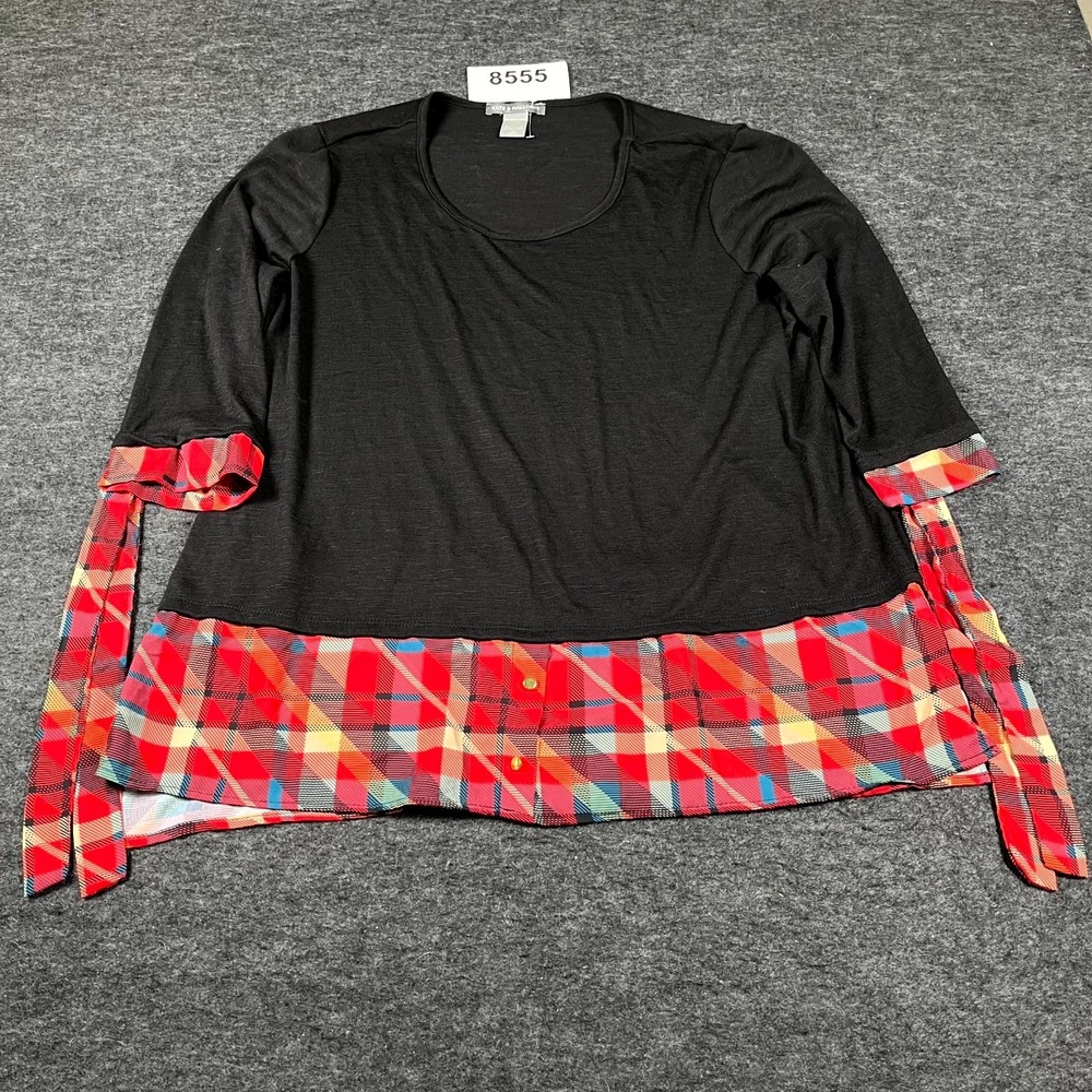 Kate & Mallory Blouse Top Womens 1X Black Red‎ Plaid Rayon Stretch Scoop Neck
